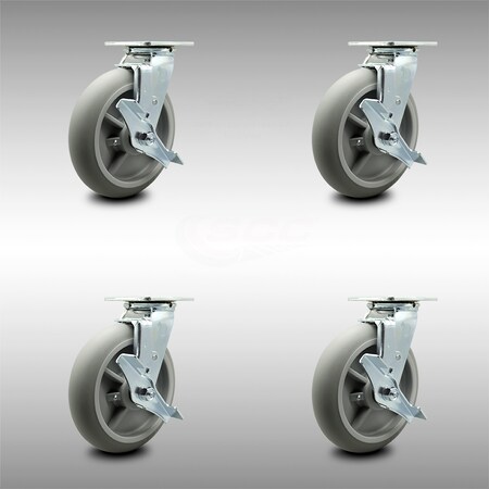 Service Caster 8 Inch SS Thermoplastic Caster Set with Roller Bearing 4 Brake 2 Swivel Lock SCC SCC-SS30S820-TPRRD-TLB-BSL-2-TLB-2